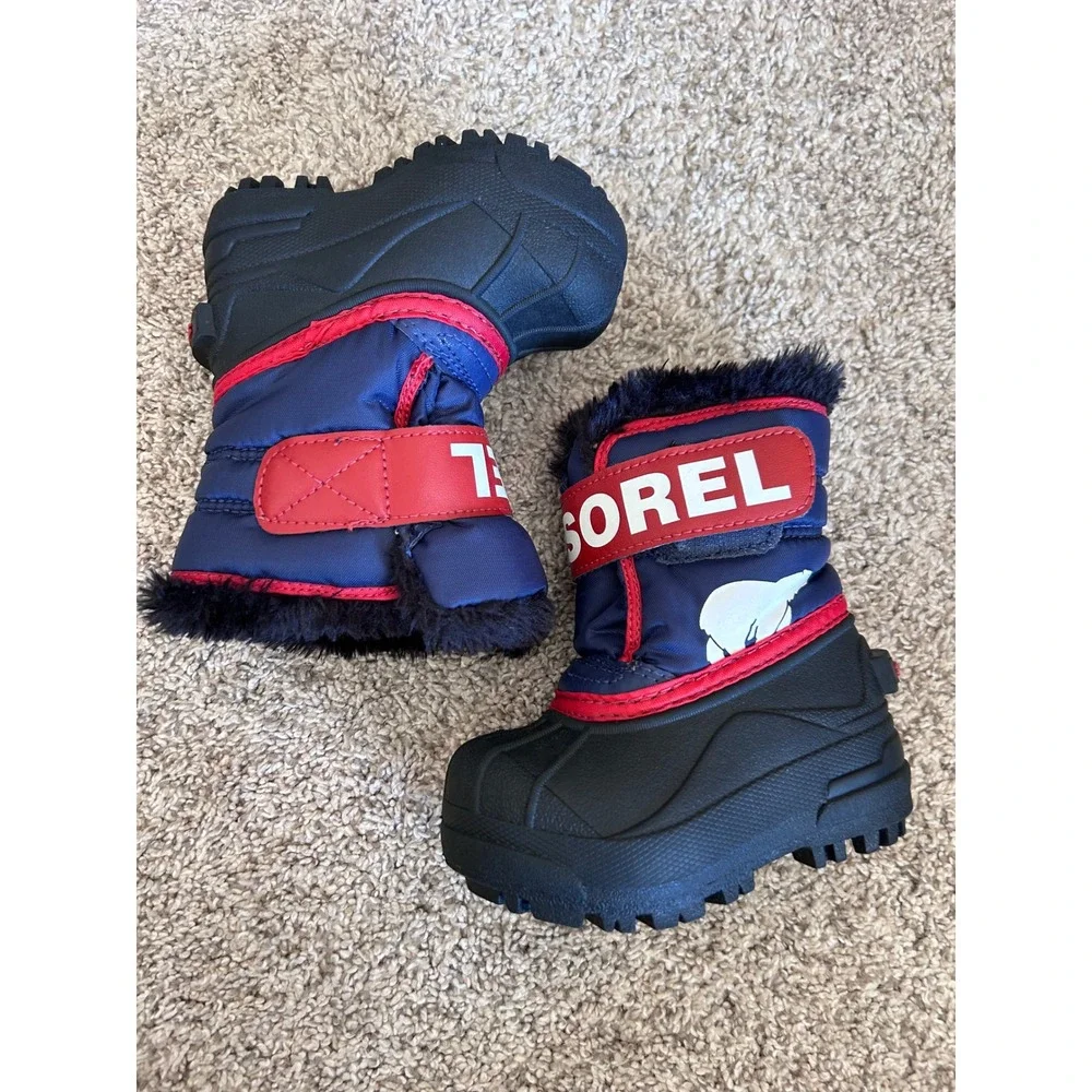 Sorel Snow Commander Snow Boots Logo Blue Red‎ Little Kids SZ 5